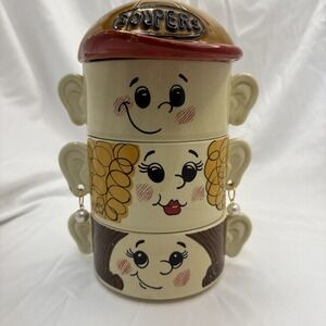 Vintage 4 pc Soupers Family Face Stackable Soup Bowls Made‎ In Japan